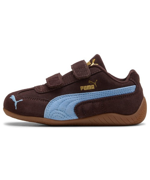 PUMA Kids Speedcat OG V sneaker in chocolate brown with a light blue side stripe, strap fastenings and a brown sole.