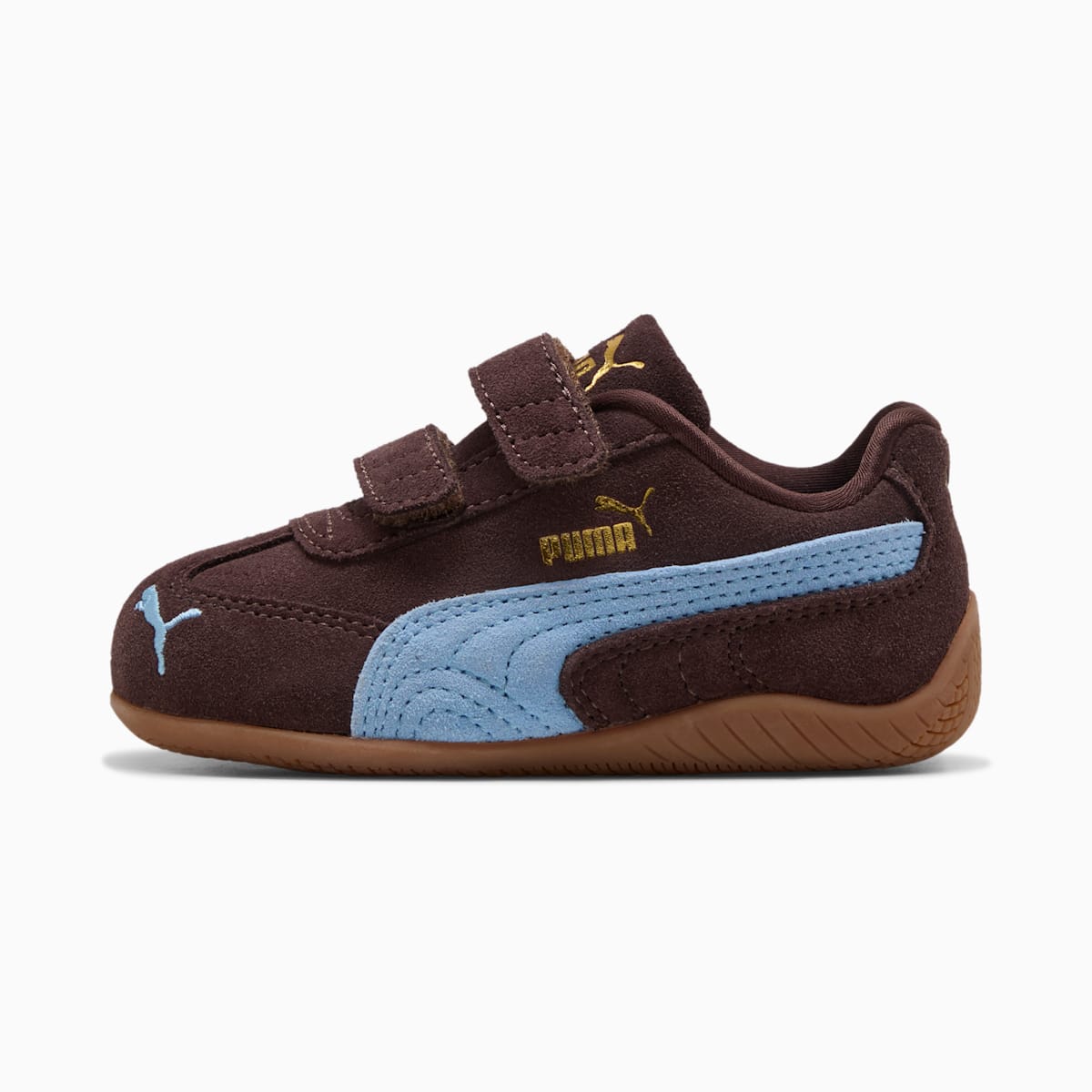PUMA Baby Speedcat OG V sneaker in chocolate brown with a light blue side stripe, strap fastenings and a brown sole.